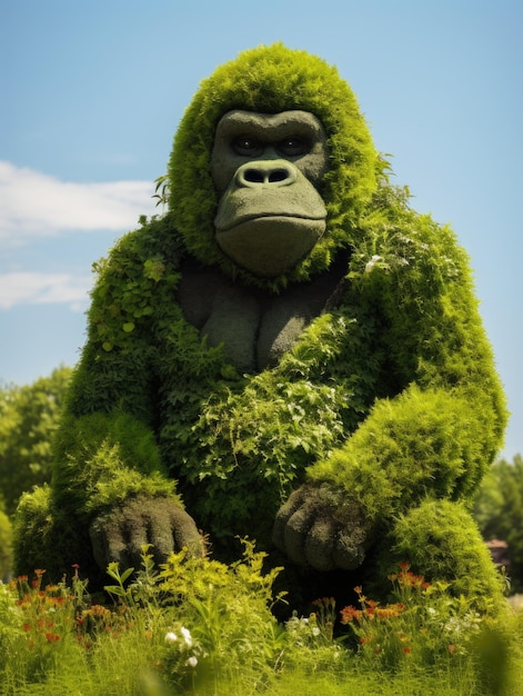 A statue of a gorilla sitting in a field of green plants ai