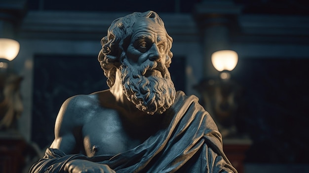 A statue of a greek god with a beard and a beard sits in a dark room.