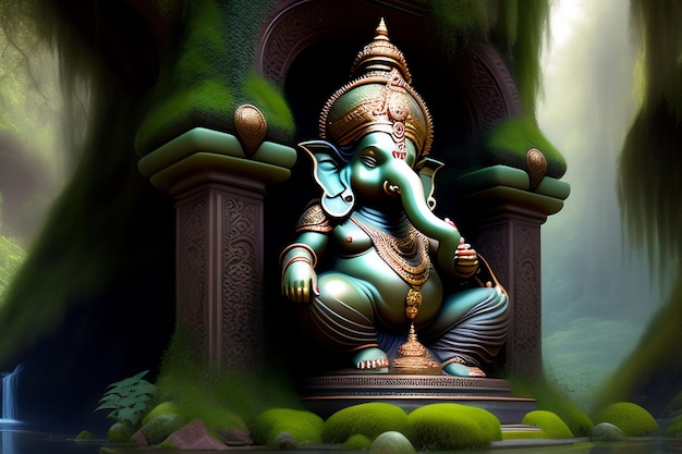 Photo a statue of a green elephant with a gold head and the word god on it.