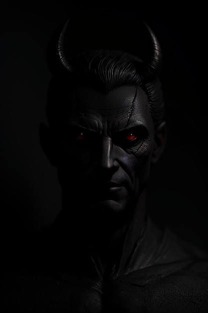 A statue of hell with red eyes is in the dark.