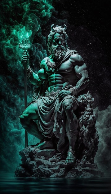 A statue of hercules with a green light on it.