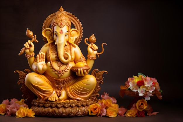 Photo statue of hindu god ganesha and flower on black background fortune wallpaper