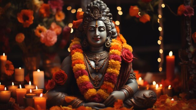 Statue of Hindu God Surrounded by Flowers and Candles