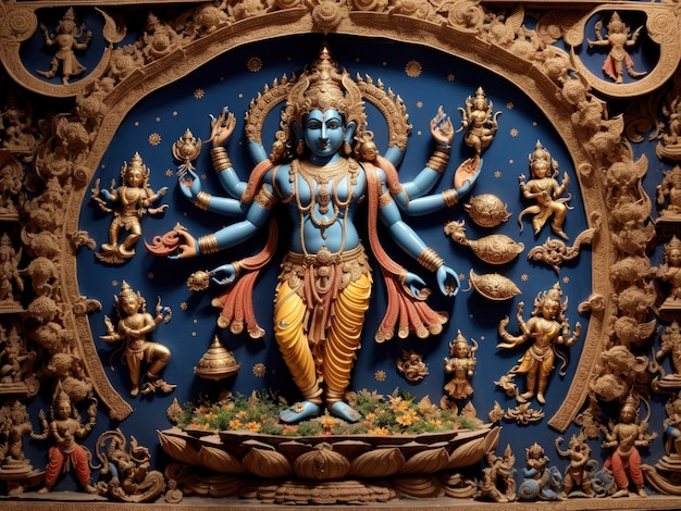 他の彫像や壁の装飾に囲まれたヒンズー教の神の像