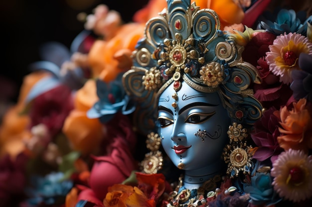 花に囲まれたヒンズー教の女神クリシュナの像