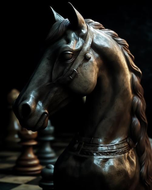 A statue of a horse with a chess set behind it