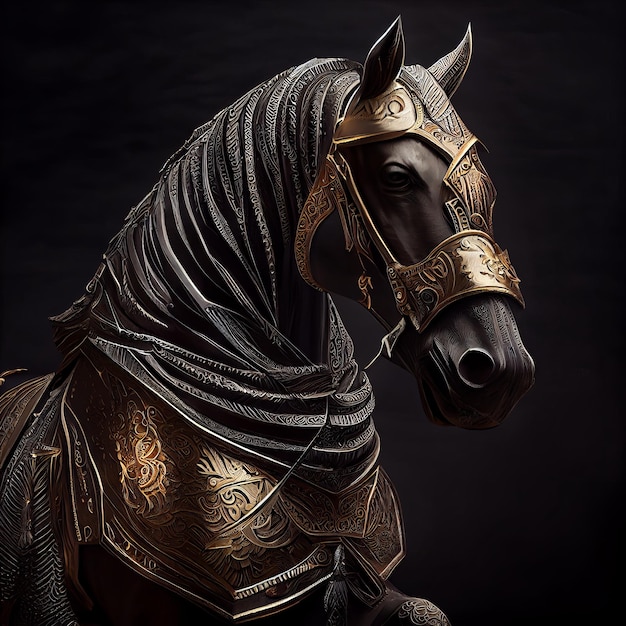 A statue of a horse with a gold chain around its neck.