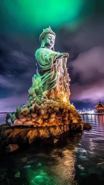 Photo a statue is on a rock with the word  god  on it