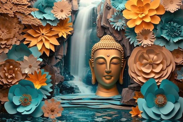 a statue is surrounded by flowers and a waterfall