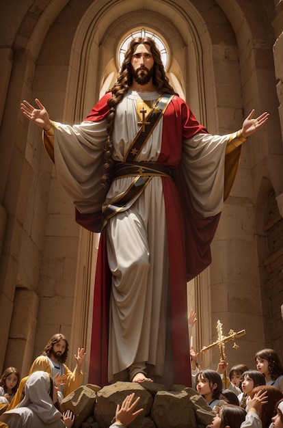 A statue of jesus hangs in a church.