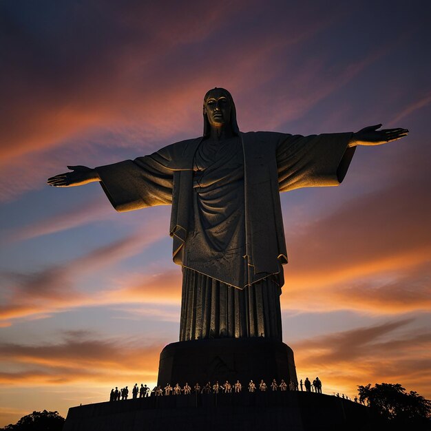 a statue of jesus is standing in front of a sunset