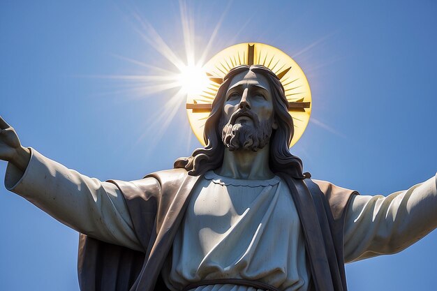 Foto una statua di gesù con il sole dietro di lui