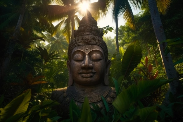A statue in the jungle with the sun shining on it.