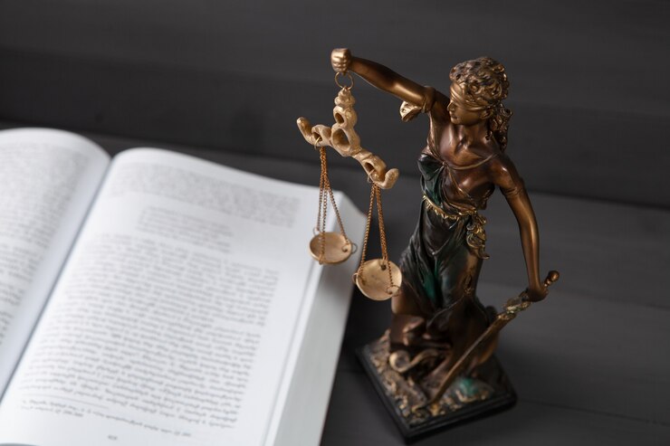 Photo statue of justice and book on gray surface