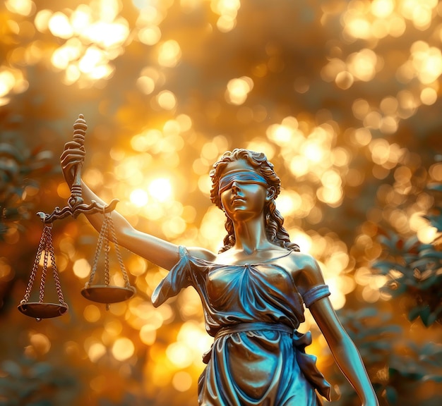 Statue of justice and scales of justice on golden bokeh background