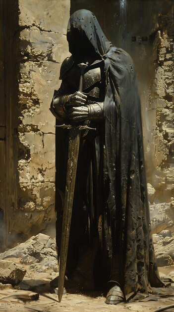 статуя рыцаря с мечом каменное здание черный плащ чрезвычайно масло полный шлем эльф железная тиара