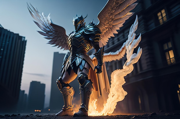 A statue of a knight with wings on the ground