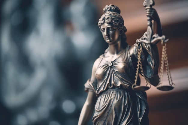 A statue of a lady justice with the scales of justice in the foreground.