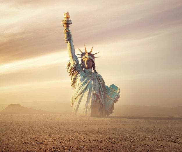 Photo statue of liberty abandoned and destroyed in the desert