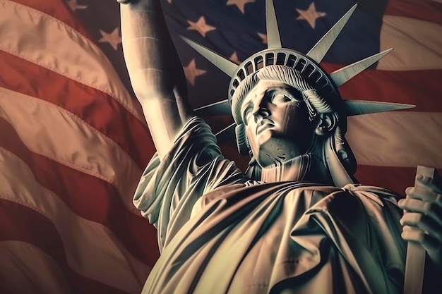 Foto statua della libertà sullo sfondo della bandiera americana