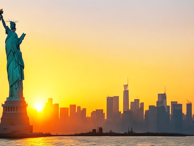 The statue of liberty close up background cityscape sunrise ai generated