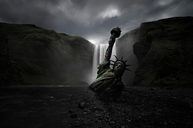 Statue of Liberty half buried in the sand of a huge waterfall