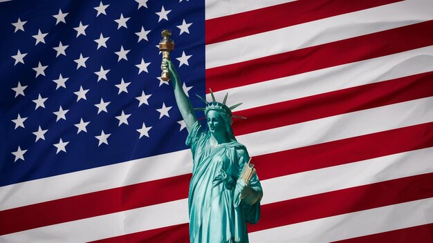 a statue of liberty holding a torch with the american flag behind it