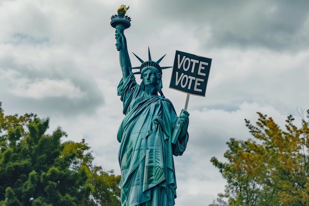 미국 대통령 선거를 앞두고 투표 표지판을 들고 있는 자유의 여신상