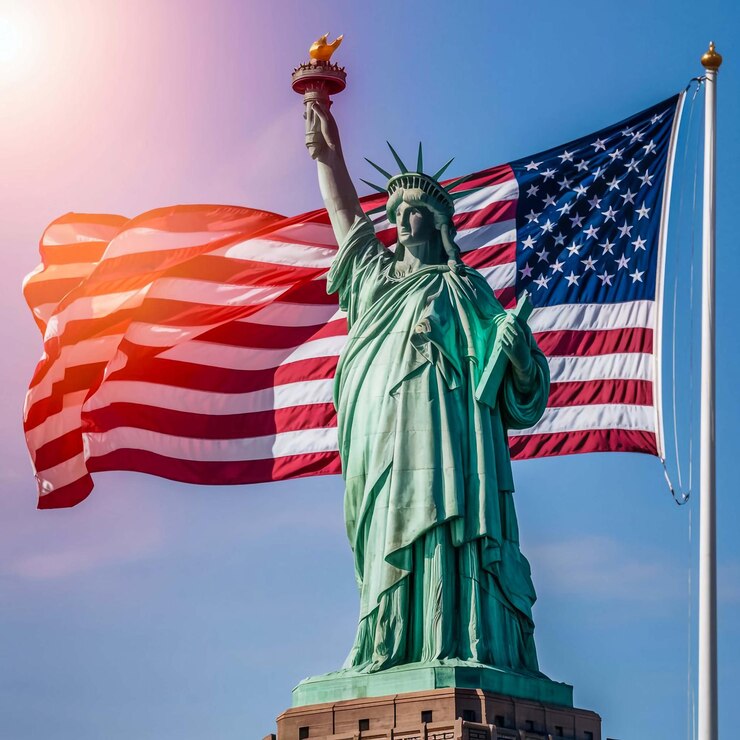 Photo the statue of liberty is holding a flag and a flag