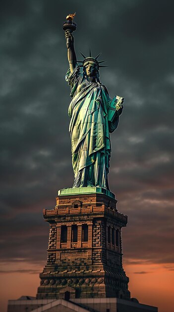 Foto la statua della libertà è illuminata da una candela sotto il cielo blu