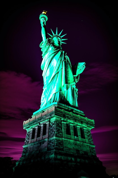 The statue of liberty is lit up in green and the sky is a purple color.