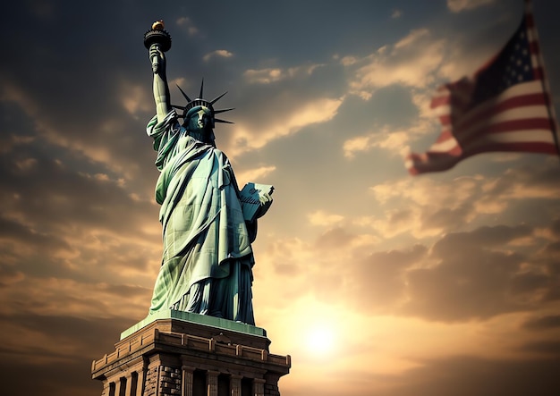 The statue of liberty is shown against a cloudy sky.