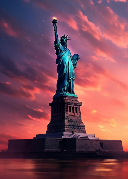 The statue of liberty is shown in a sunset scene.