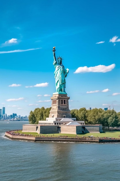 Foto la statua della libertà è nell'acqua e la statua della libertà è sullo sfondo.