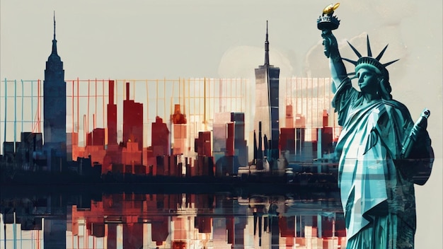 Foto statua della libertà e l'orizzonte di new york city doppia esposizione