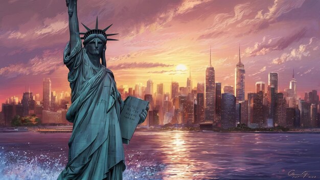 Статуя Свободы и горизонт Нью-Йорка на закате в Соединенных Штатах