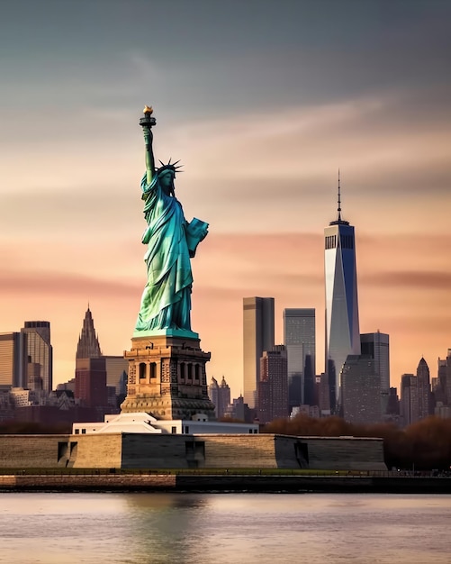 Statue of liberty and the new york city skyline USA