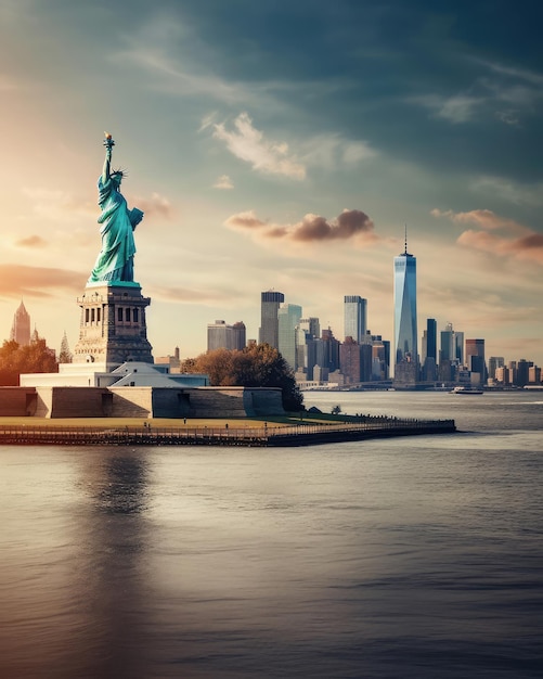 自由の女神像とニューヨーク市のスカイライン アメリカ