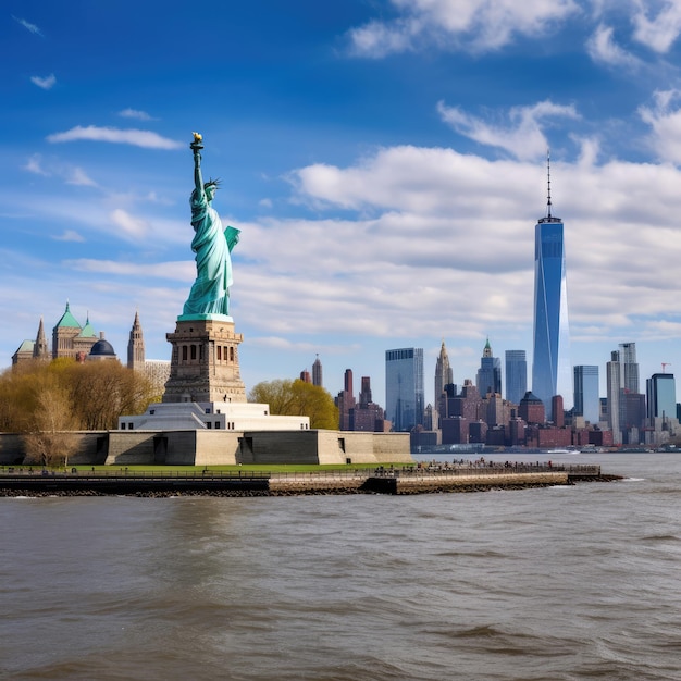 Statue of liberty and the new york city skyline USA