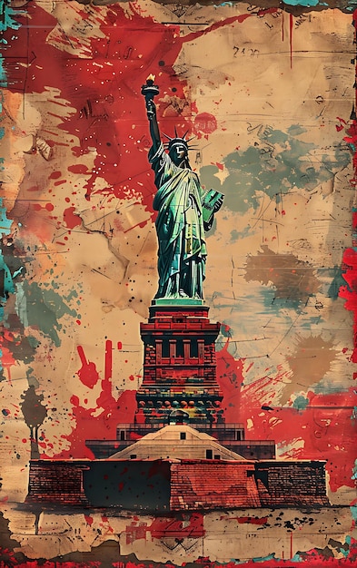 Foto statua della libertà a new york con consistenza metallica illustrazione vintage decorazione di sfondo di tendenza