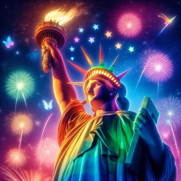 Photo statue of liberty in rainbow colors