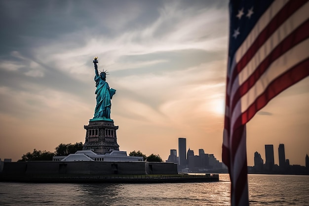 Statue of Liberty on the river bank of New York cityscape flag of america