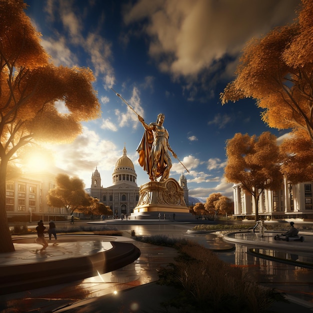 a statue of liberty stands in front of a building with a fountain in front of it.