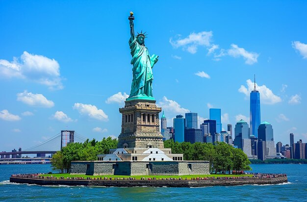 a statue of liberty stands in front of a city skyline