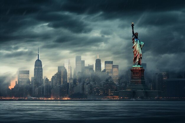 Photo a statue of liberty stands in front of a cityscape