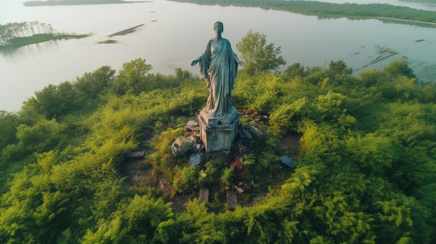 Photo a statue of liberty stands in a green landscape.