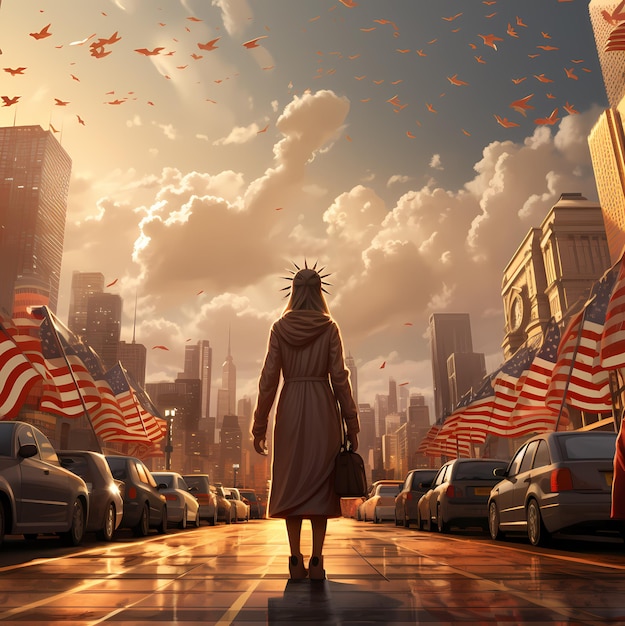 Statue of Liberty walking in a big city with cars and flags of the United States