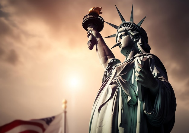 Statue of liberty with the american flag in the background