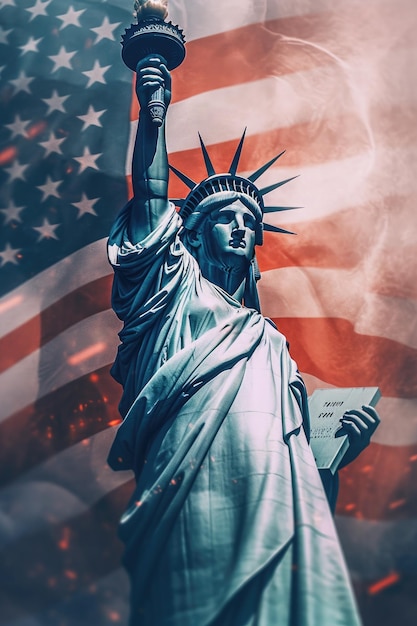 アメリカの国旗を背景に自由の女神像