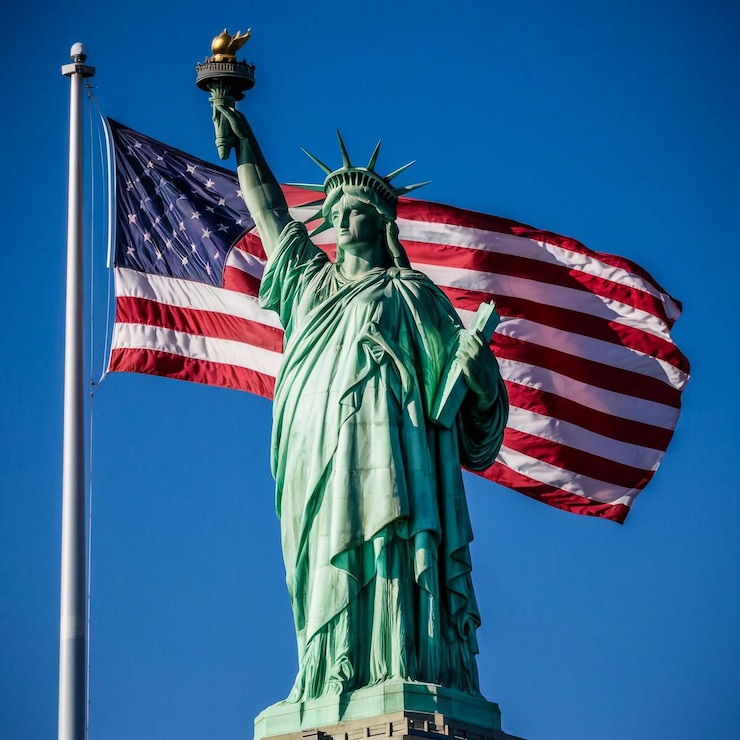 Photo a statue of liberty with the american flag in the background